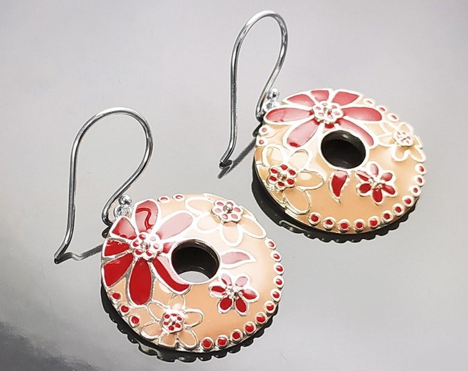 Red Flower Earrings, Sterling Silver 925 , Red Rose Color Enamel, Round Pendant, Floral Pattern Jewelry, RED Flower, Hawaiian Style Jewelry