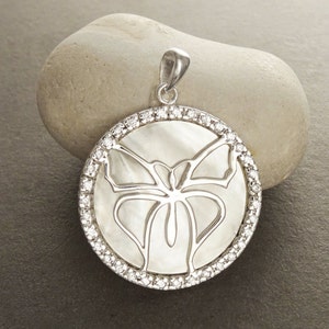 White Round Pendant, Sterling Silver, White Mother of Pearl Shell, Butterflies Jewelry, Butterfly Statement Vintage Necklace, CZ Stones