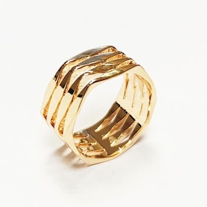 Hexagon Cuff Ring • 18K Gold Plated • Bold Geometric Diamond Faceted Chunky Large Band Ring • Unique Statement Modern Fashion Gift for Women