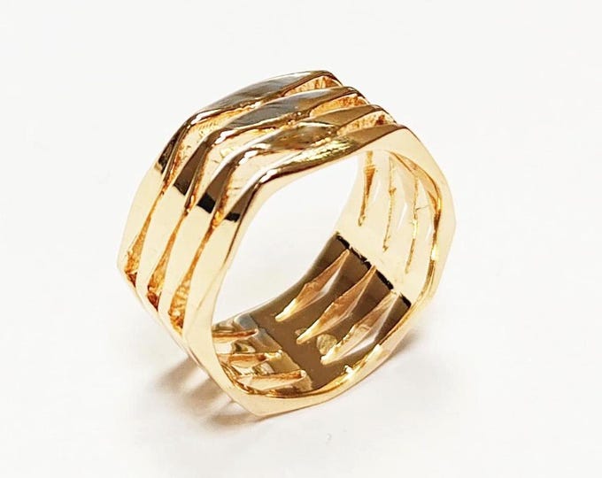Hexagon Cuff Ring • 18K Gold Plated • Bold Geometric Diamond Faceted Chunky Large Band Ring • Unique Statement Modern Fashion Gift for Women