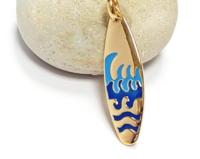 Ocean wave surfboard pendant • 18k gold plated • unique summer beach jewelry • blue carved waves pattern charm necklace • unisex surfer gift