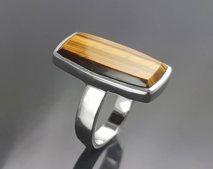 Brown Rectangle ring, sterling silver, brown color Tiger eye stone, Modern everyday urban minimalist geometric designed stone jewelry