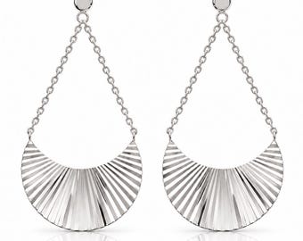 Fan Earrings • Sterling Silver • Crescent Sunray Fluted texture Chain Drops • Art Deco Jewelry