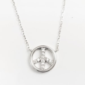 Peace & Love Necklace, Sterling Silver 925, Love and Peace Symbol Sign Pendant Chain, Hipster Boho 70&#39;s Icon Charm Jewelry, White Cz stone