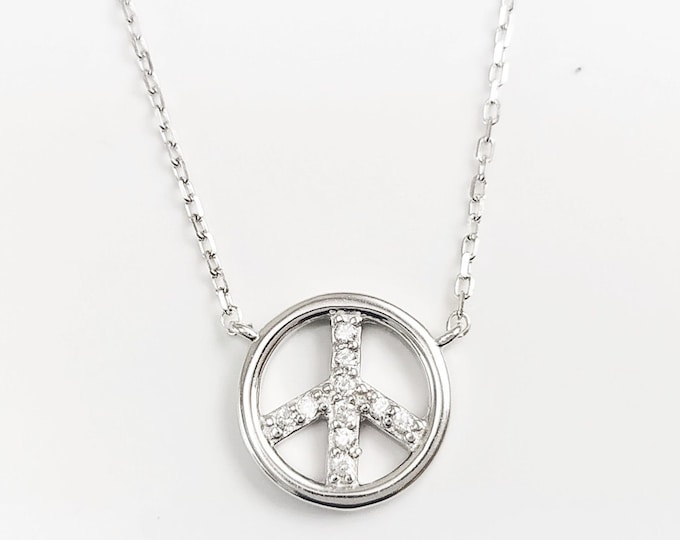 Peace & Love Necklace, Sterling Silver 925, Love and Peace Symbol Sign Pendant Chain, Hipster Boho 70's Icon Charm Jewelry, White Cz stone