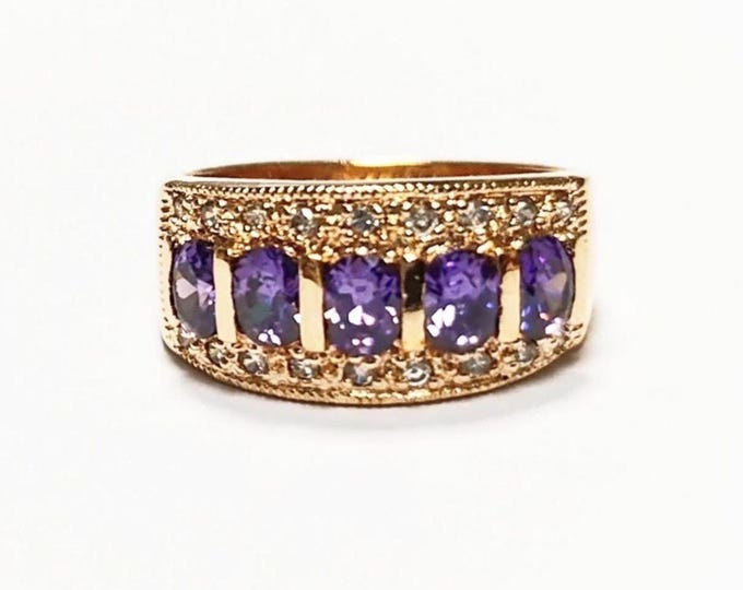 Amethyst Gold Band Ring, Elegant 18K Gold-Plated Purple CZ February Birthstone Jewelry, Luxurious Statement Cocktail Wedding, Birthday Gift