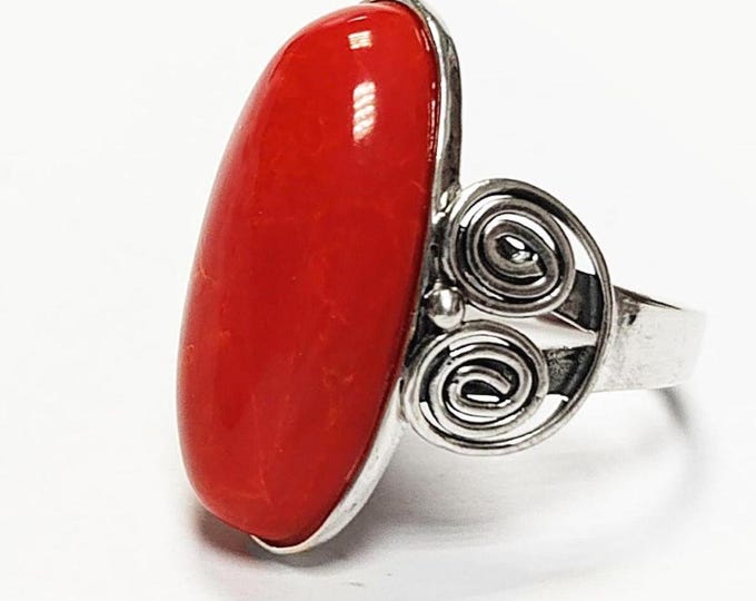 Stunning Red Stone Ring Sterling Silver, Synthetic Coral Ring, Lipstick Red Gorgonian,  Lipstick Red Color Artificial Gorgon Stone