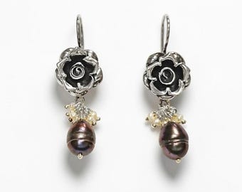 925 Argent Boucles d'Oreilles FLEUR ROSE, Perle d'Eau Douce Grise, Boucles Pendantes Fleur Rose Rétro Couleur Grise, Style Vintage