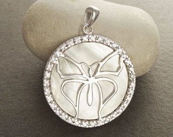 White Round Pendant, Sterling Silver, White Mother of Pearl Shell, Butterflies Jewelry, Butterfly Statement Vintage Necklace, CZ Stones