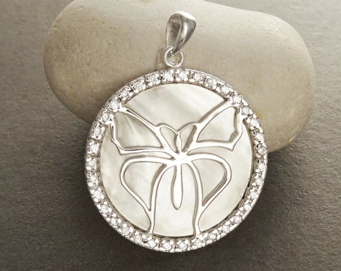 White Round Pendant, Sterling Silver, White Mother of Pearl Shell, Butterflies Jewelry, Butterfly Statement Vintage Necklace, CZ Stones