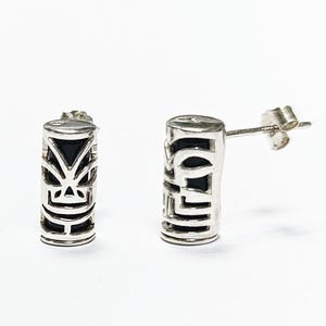 Tiki Earrings • Sterling Silver Tribal Totem Stud Earrings • Exotic Polynesian-Inspired Jewelry with Engraved Details • Gift for Women & Men