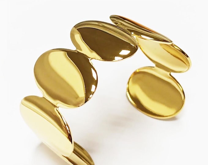 Modern Oval Discs Cuff • 18K Gold Filled • Statement Coin Medallion Open Bangle • Minimalist Geometric Disc Rigid Bracelet • Jewelry for Her