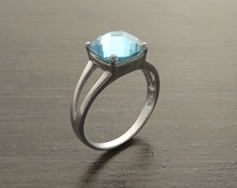Blue Square Ring, Sterling Silver, Lab Blue Aquamarine simulant Stone (CZ) Ring, Modern Square Stones Ring, Engagement Solitaire Jewelry