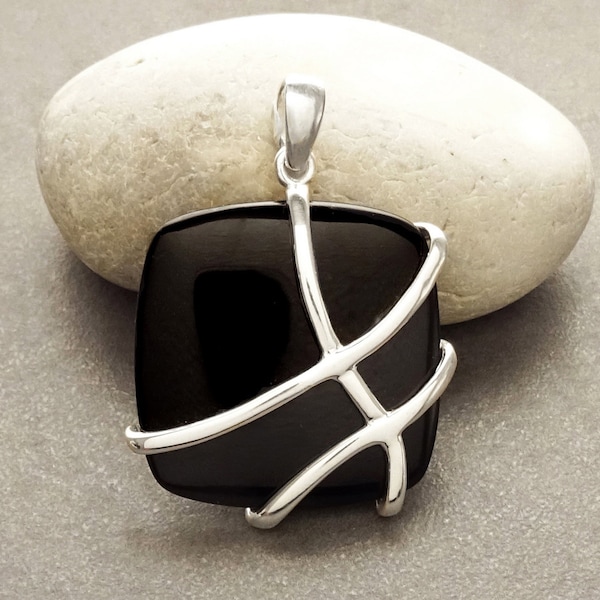 Onyx square pendant, sterling silver, black onyx gemstone, statement bold modern stones necklace, geometric square shape stone jewelry