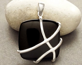 Onyx square pendant, sterling silver, black onyx gemstone, statement bold modern stones necklace, geometric square shape stone jewelry