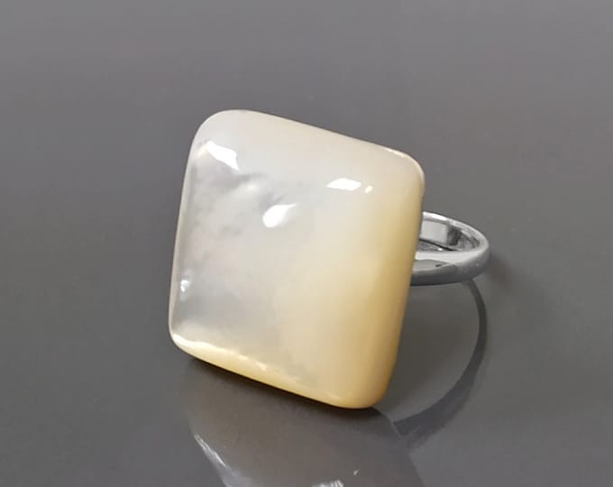 White Square Ring, Sterling Silver, Natural Mother of Pearl Shell, Designer Geometrical Foursquare Stone Jewelry, Statement Minimalist Ring