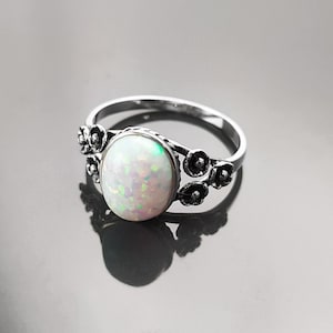 Fire Opal Ring, Sterling Silver, Fiery Opal Stone Jewelry, White Oval Rainbow Stone Ring, October Birthstone Ring, Vintage Flower Ring