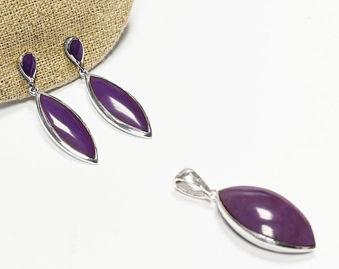 Purple Earrings Set,  Sterling Silver, Oval Earrings and Pendant, Almond Shape, Bright Violet Earrings, Dainty Jewelry, Purple Jewelry.