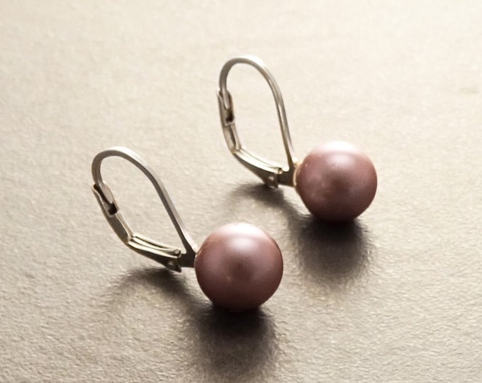 8 mm GENUINE Purple Shell Pearl Earrings, Sterling Silver, Lever Back Earrings, Minimalist, Pearl Jewelry, Prom, Wedding, Bridesmaids Gifts