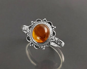 Bague ambre, argent 925, bague ambre véritable couleur cognac, petite bague avec pierre ovale, bijoux style antique victorien ancien