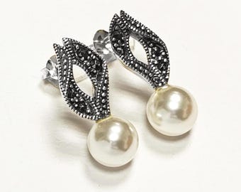 Boucles Marcassite Argent 925, Bijou Art Déco Marcassites, Bijoux Vintage Rétro Années 1920 - 30's