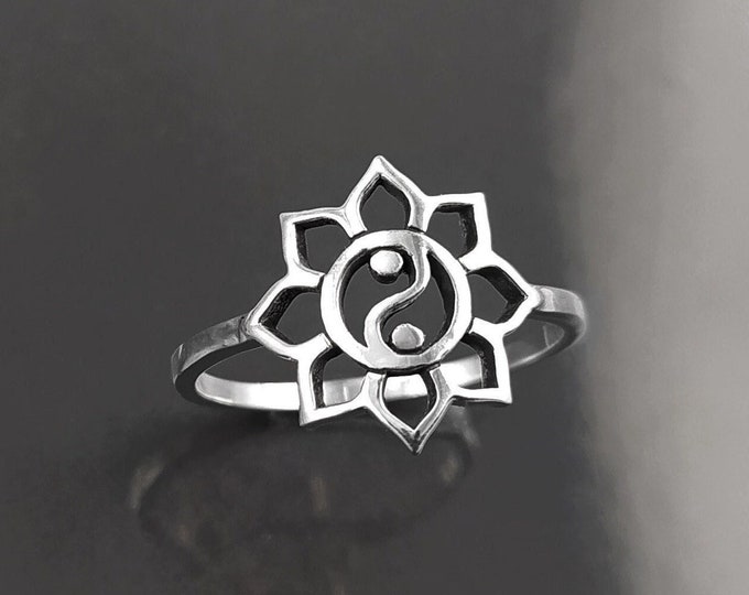 Lotus Yin Yang Ring, Sterling Silver, Spiritual Jewelry, Oriental Asian Zen Jewelry, Balance Yoga Ring, Mandala Spirit Ring
