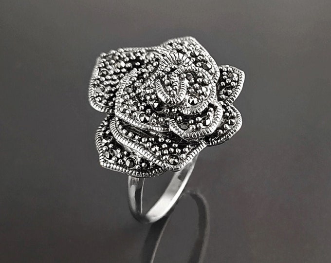 Rose Ring, Sterling Silver, Marcasite  Jewelry, Vintage Romantic Rose Flower Blossom, Bold Antique Design Style ring