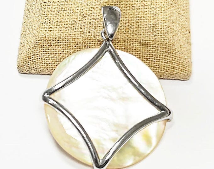 White Round Pendant, Sterling Silver, Genuine White Mother of Pearl Shell, Minimalist Modern Geometric Stone Necklace, Statement jewelry
