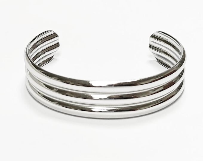 Triple Row Gold Cuff • Stainless Steel • Modern Stacked Three Row Band Lines Open Bangle • Statement Minimalist Jewelry • Gift for Women