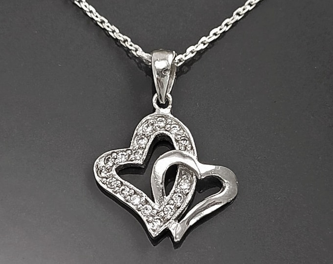Love Symbol Necklace, Sterling Silver, White Clear Cz Stones, You and Me Charm, Promise Double Heart Jewelry, Valentine's Day Gift