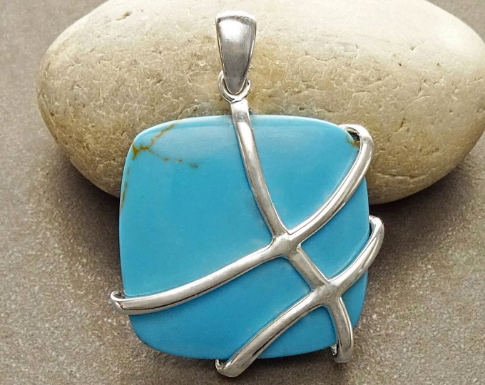 Turquoise Pendant, Sterling Silver, Blue Turquoise Gemstone Necklace, Statement Bold Modern Pendant, Geometric Square Shape Stone Jewelry