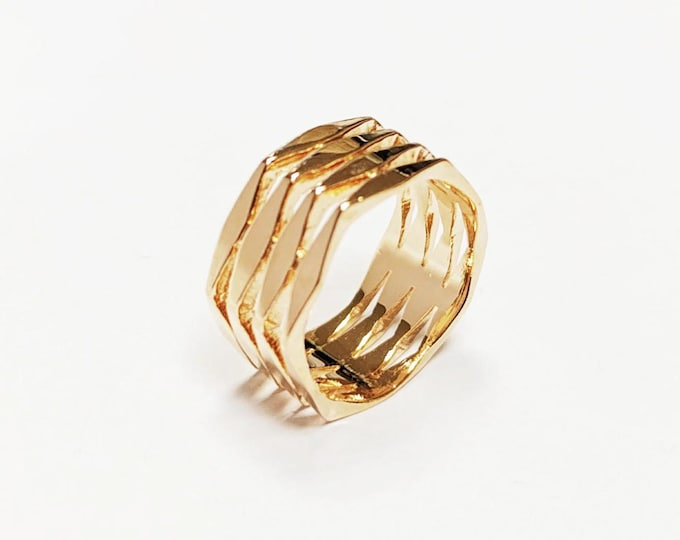 Hexagon Cuff Ring • 18K Gold Plated • Bold Geometric Diamond Faceted Chunky Large Band Ring • Unique Statement Modern Fashion Gift for Women