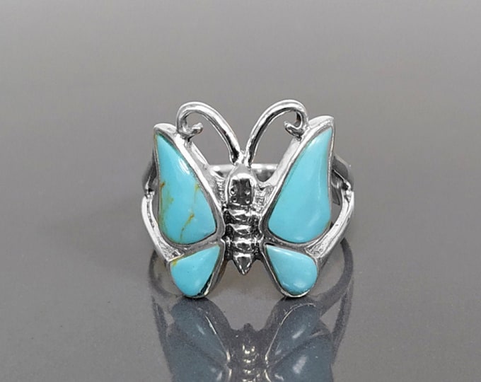 Butterfly Turquoise Ring, Sterling Silver, Butterflies Jewelry, Blue Turquoise Stone Ring, Nature inspired Gift for Girls and Women