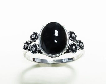 Bague Onyx Argent 925, Gothique Fleur Noire, Pierre Ovale Noir Brillant, Bijoux en Pierre Onyx Véritable, Petite Bague Vintage Style Fleurs