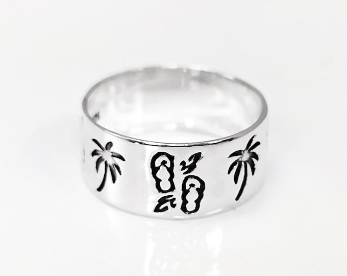 Silver Band Ring -  Beach, Palm Tree, Flip-Flops Pattern -  Handmade Thumb Ring,  Band Ring - Tribal Style Band Ring - Holidays on the Beach