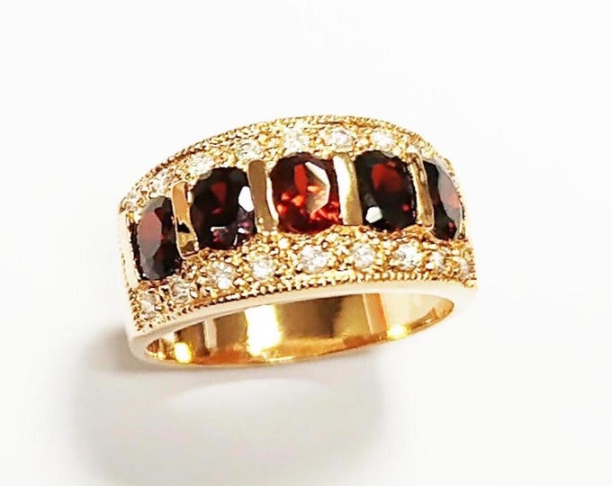 Garnet Gold Band Ring, Elegant 18K Gold-Plated Red CZ January Birthstone Jewelry, Luxurious Statement Cocktail Wedding, Birthday Gift