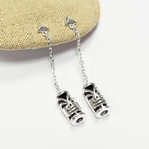 Drop Tiki Earrings 925• Sterling Silver Tribal Totem Dangle Earrings • Exotic Polynesian-Inspired Engraved Theme Jewelry • For Women & Men
