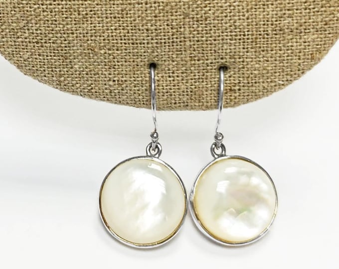 White Round Earrings, Sterling silver & MOP, Natural White Mother of Pearl Shell, Geometric Minimalist Design Stone Jewelry, Woman Gift
