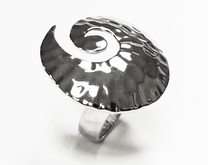 Hammered Disc Ring • Sterling Silver • Spiral Round Armor Textured Ring •  Minimalist Swirl Designer Modern Art Jewelry • Gift for Woman