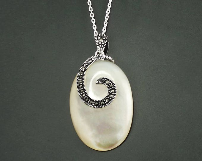 White Oval Necklace, Sterling Silver, Genuine Mother of Pearl Shell, Retro Vintage Art Deco Pendant, Elegant Antique Marcasites Jewelry