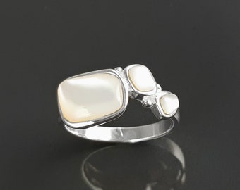 Geometric ring, sterling silver, real mother of pearl shell, white modern stone design jewelry, unusual designed dainty band jewelry
