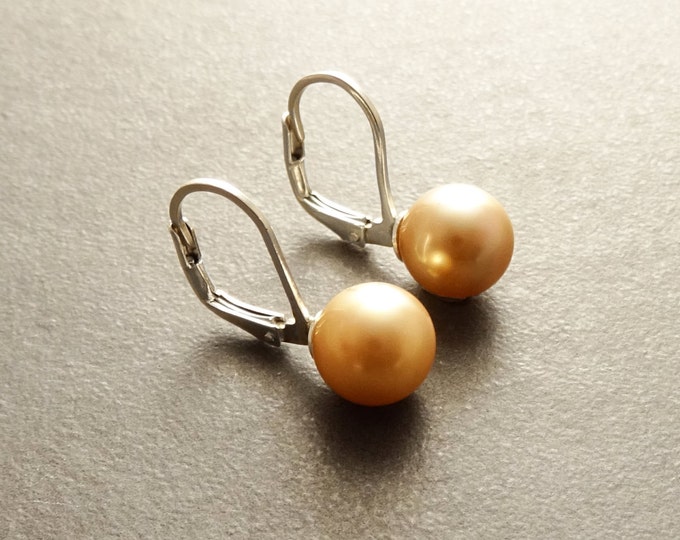 Gold Pearl Earrings, Sterling Silver, 8 mm balls Lever Back Earrings, Minimalist, GENUINE Shell Pearl Jewelry, Woman Gift