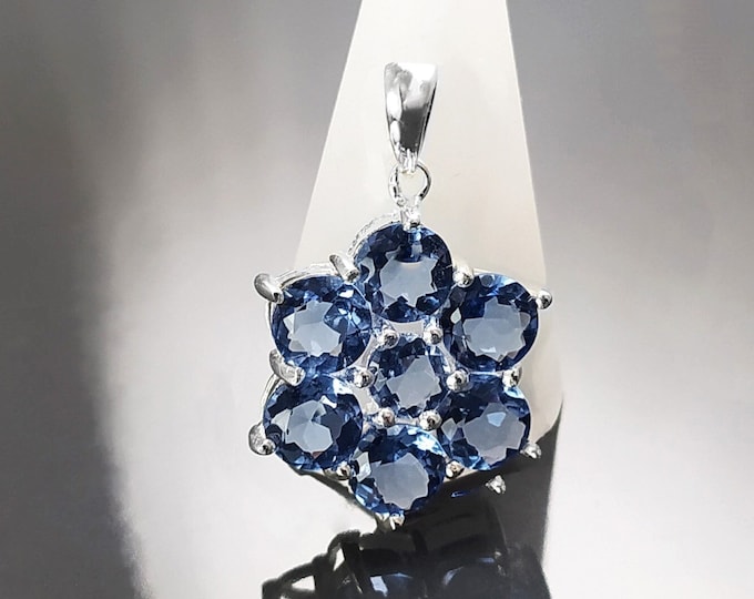 Topaz Blue Color Pendant, Sterling Silver 925, Intricate Design Jewelry, Flower Shape Stone, Sapphire Blue CZ Pendant, Silver Necklace