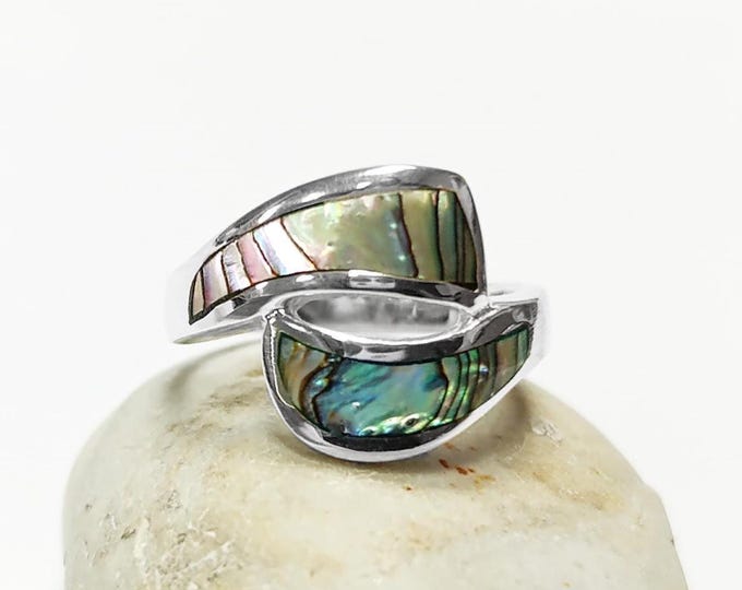 GENUINE Brown Paua Shell Ring, Sterling Silver 925, Bypass Popular Dainty Ring, MOP Rainbow Highlights, Geometric Jewelry, Unique Shell Ring