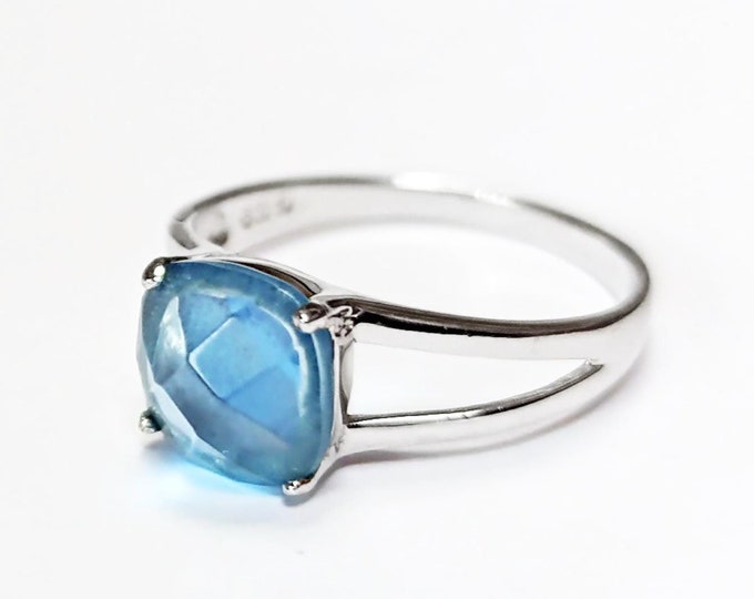 Blue Square Ring, Sterling Silver, Lab Blue Aquamarine simulant Stone (CZ) Ring, Modern Square Stones Ring, Engagement Solitaire Jewelry