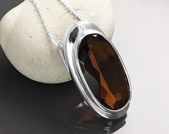 Oval pendant, sterling silver jewelry, big cz stone, brown coffee color, statement necklace big oval charm necklace, women gift