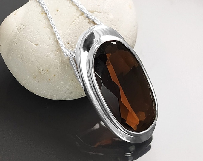 Oval pendant, sterling silver jewelry, big cz stone, brown coffee color, statement necklace big oval charm necklace, women gift