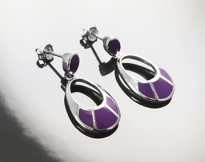 Purple Dangle Earrings - Sterling Silver, Oval Almond Shape Stone, Stones Drop Earrings, Modern Geometric Jewelry, Fun Color Earrings.