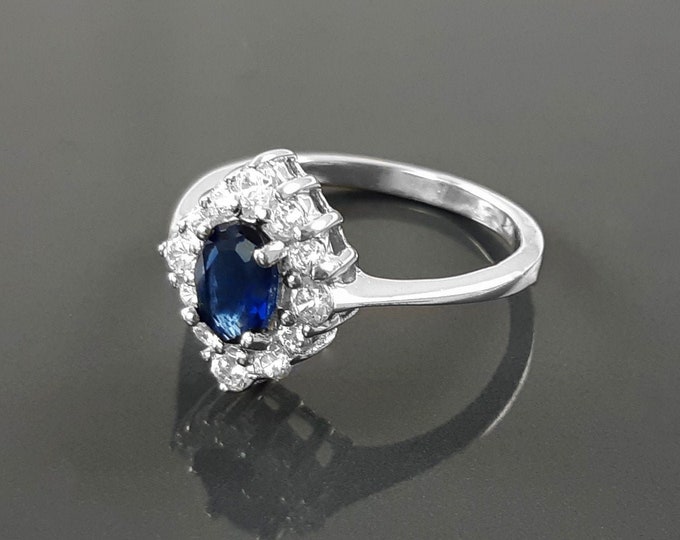 Blue Marquise Ring, Sterling Silver, Lab Diamonds simulant (CZ) and Lab Blue Sapphire simulant (CZ) Stones Ring, Classic Stone Jewelry