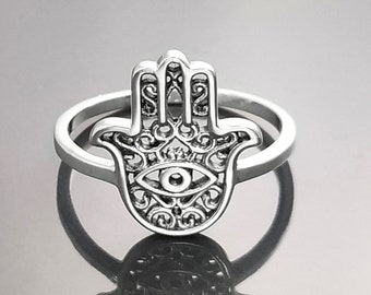 Hamsa Ring, Sterling Silver, Happiness, Health, Fortune, Good Luck, Hand of God, Filigree Khamsa, Evil Eye, Khmissa, Khomsa Tafust Jewelry